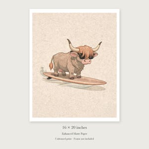 Highland Cow Surfing Art Print, Framed or Unframed Coastal Nursery Poster image 9