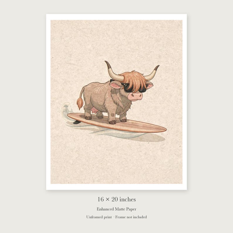 Highland Cow Surfing Art Print, Framed or Unframed Coastal Nursery Poster image 9