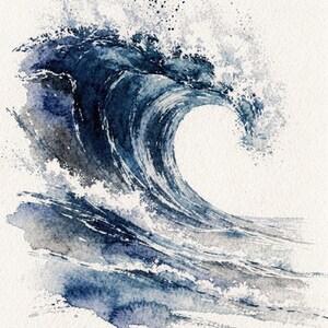Watercolor Wave Art Set of 6, Indigo Ocean Gallery Wall Prints, Navy Coastal Beach House Decor, Printable Wall Art Digital Download image 4
