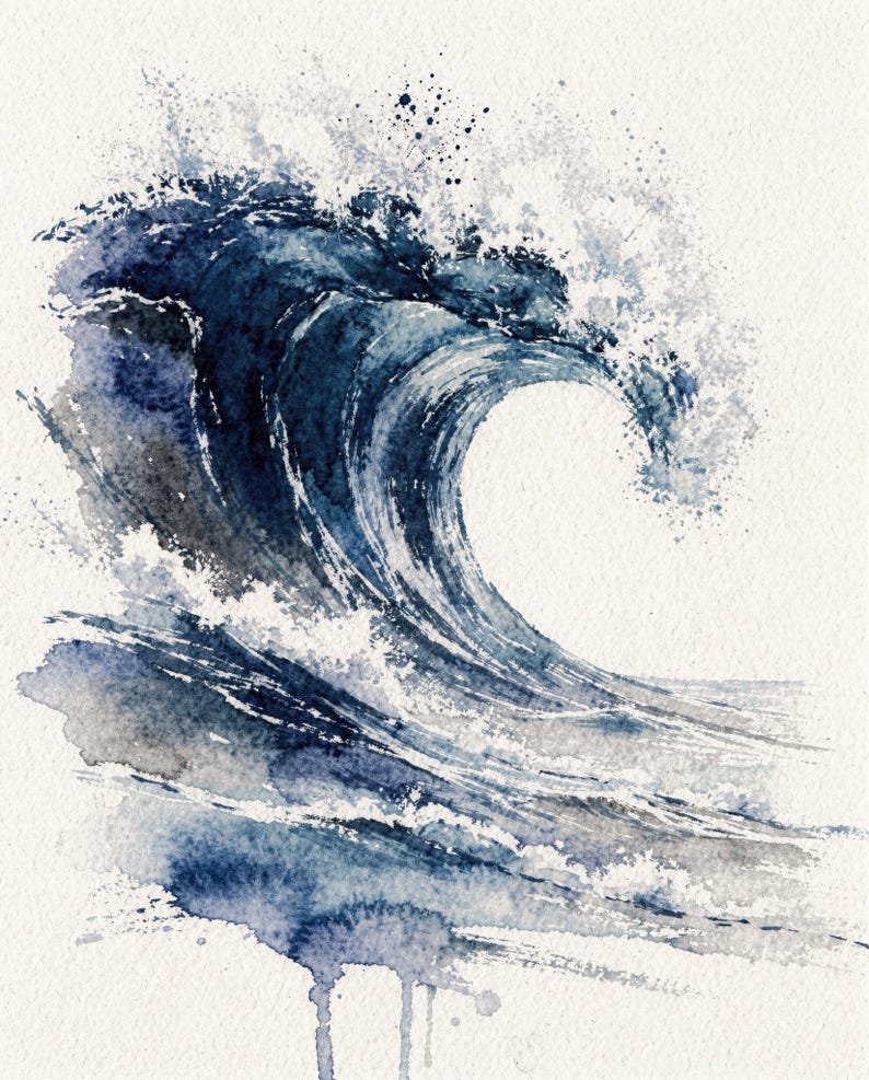 Watercolor Wave Art Set of 6, Indigo Ocean Gallery Wall Prints, Navy Coastal Beach House Decor, Printable Wall Art Digital Download image 4