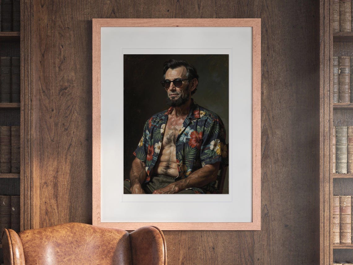 Abraham Lincoln print in a Red Oak frame with a white mat, hanging on the wall between the shelves in a home library.