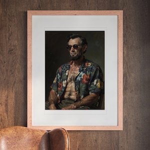 Abraham Lincoln print in a Red Oak frame with a white mat, hanging on the wall between the shelves in a home library.