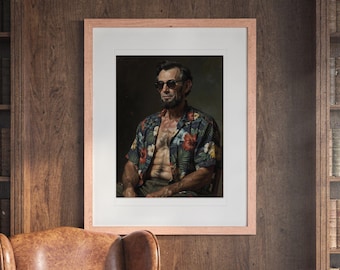 Lámina artística de Abraham Lincoln, retrato con gafas de sol y camisa hawaiana, enmarcada o sin enmarcar.