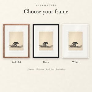 Frame options for Curling Wave Ink Style: Red Oak, black and white wood frames, each with a white mat.