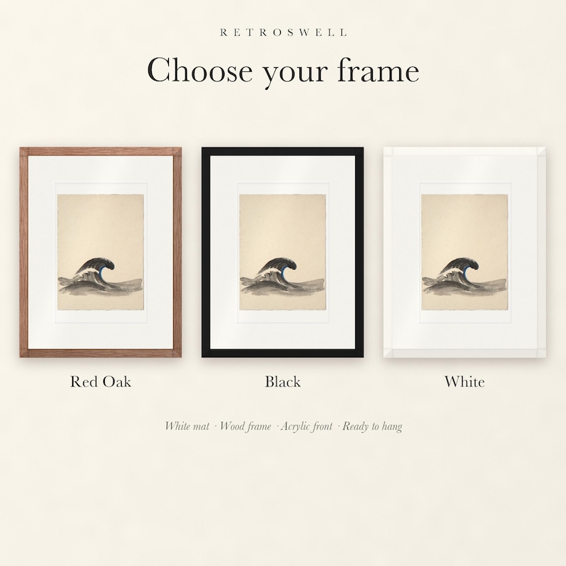 Frame options for Curling Wave Ink Style: Red Oak, black and white wood frames, each with a white mat.