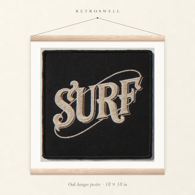 Surf Patch oak hanger poster, 18 by 18 inches, with natural wood rails and a hanging cord.