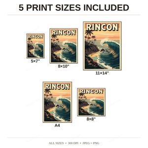 Rincon California Surf Poster - available print sizes: 5x7, 8x10, 11x14, A4, and square