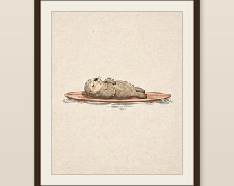 Sea Otter Surfboard Print, Cute Otter Nursery Art, Coastal Kids Room Decor, Beach Animal Illustration, Printable Wall Art Digital Download
