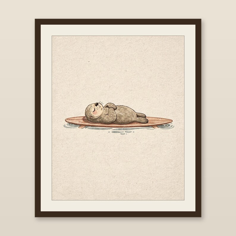 Lámina con diseño de nutria marina y tabla de surf, arte infantil de nutria adorable, decoración costera para habitaciones infantiles, ilustración de animales de playa, descarga digital de arte mural imprimible. imagen 1