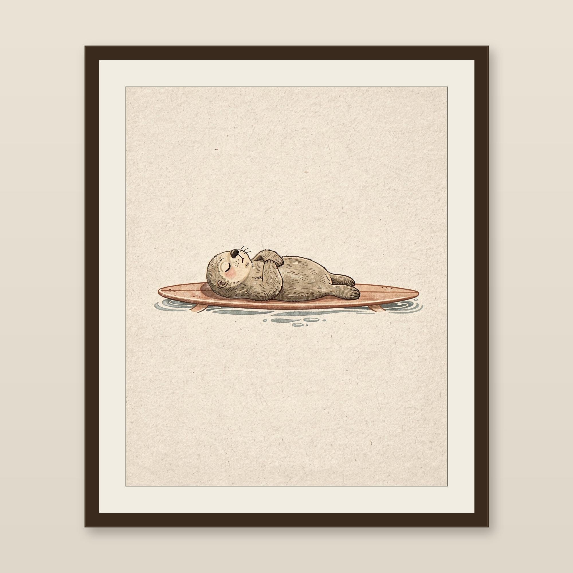 Sea Otter Surfboard Print, Cute Otter Nursery Art, Coastal Kids Room Decor, Beach Animal Illustration, Printable Wall Art Digital Download