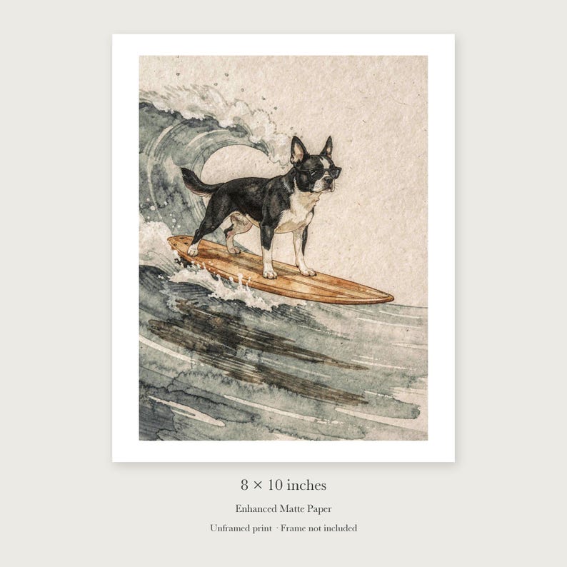 Boston Terrier Surfing unframed 8 by 10 inch print on enhanced matte paper, shown with its white paper border.