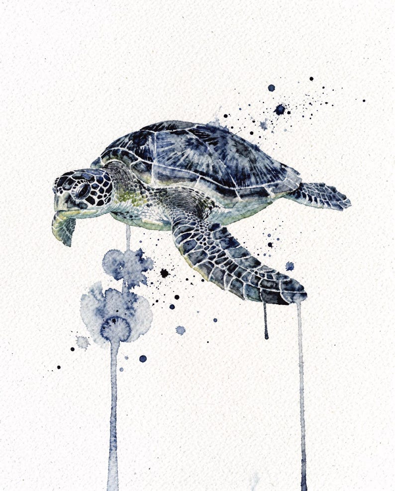 Sea Turtle Watercolor Print Coastal Wall Art Indigo Blue Ocean Painting Beach House