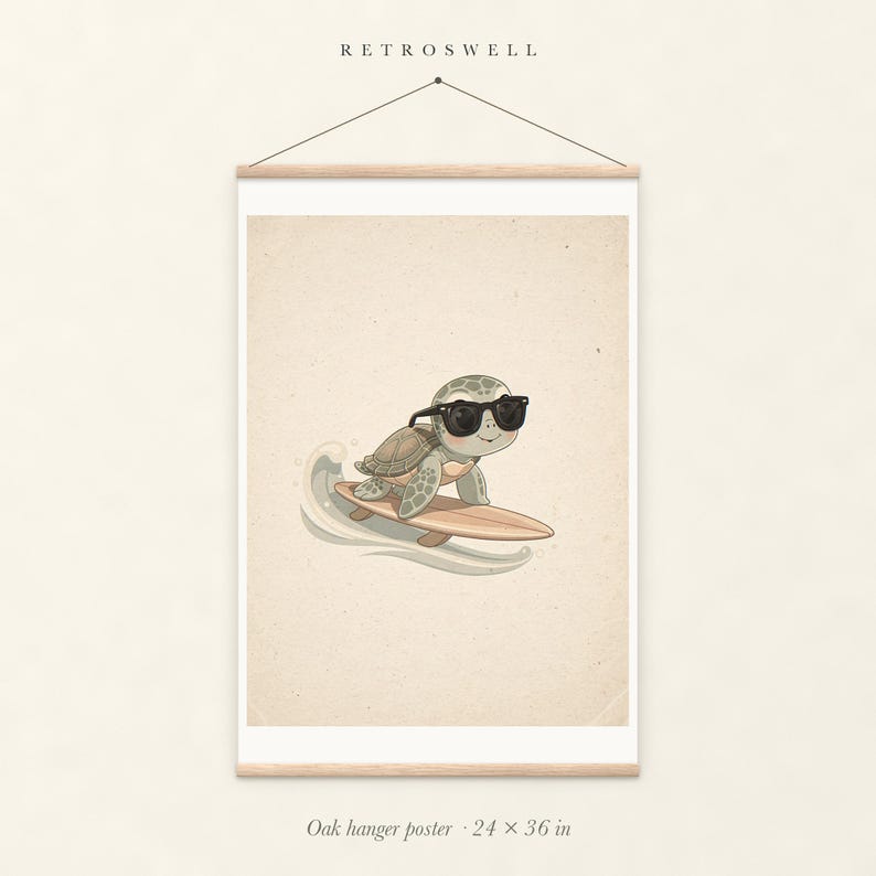 Surfing Sea Turtle oak hanger poster, 24 by 36 inches, with natural wood rails and a hanging cord.