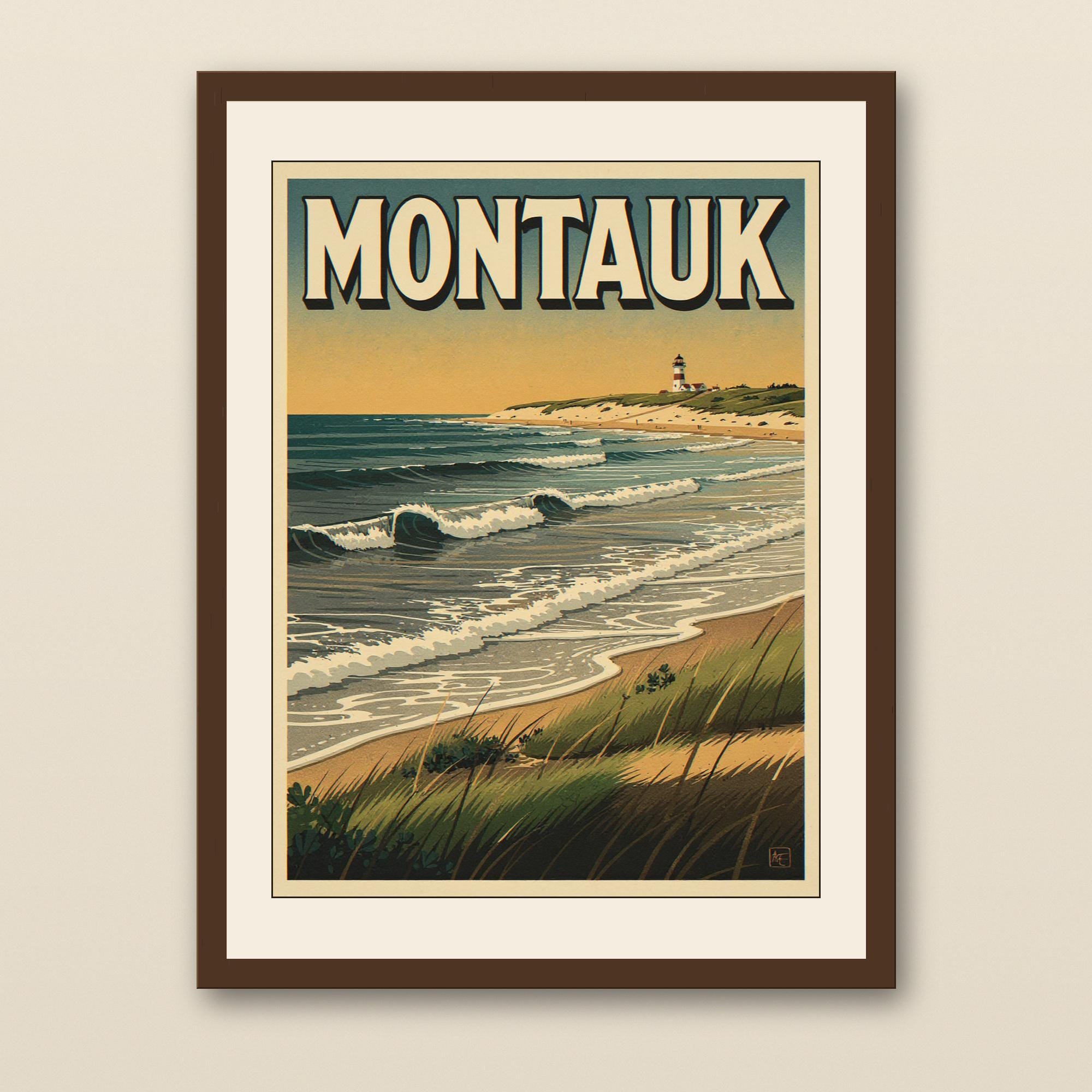 Montauk Surf Poster - walnut framed art print with cream mat on plaster wall