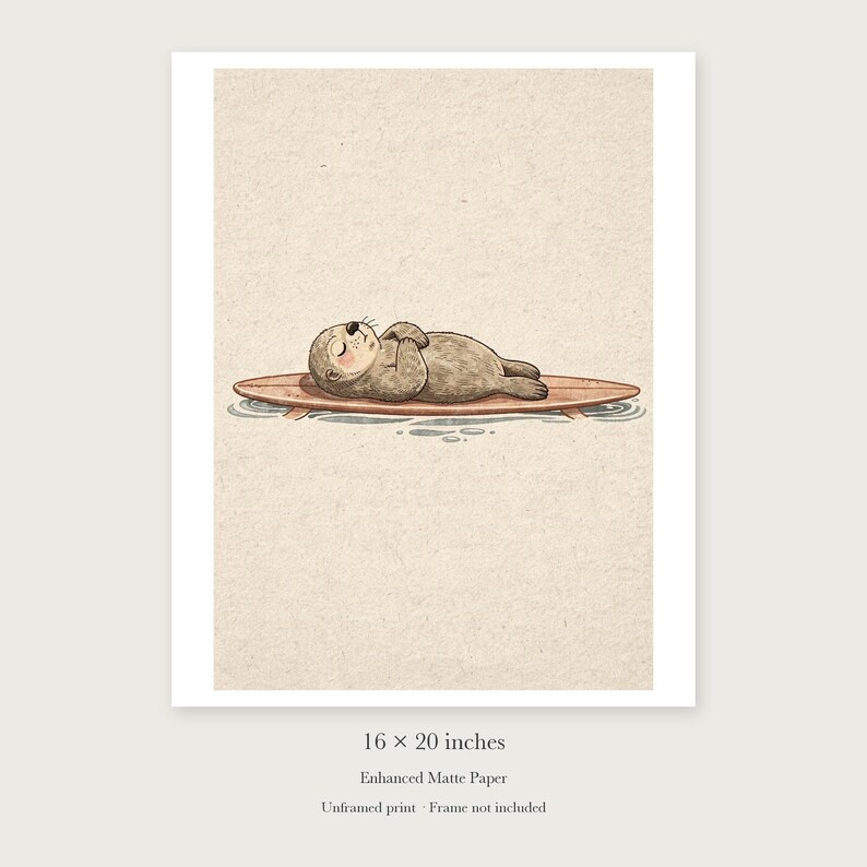Sea Otter on Surfboard unframed 16 by 20 inch print on enhanced matte paper, shown with its white paper border.