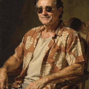 James Monroe surfer portrait, full artwork: classical oil-painting style, sunglasses and a Hawaiian shirt.