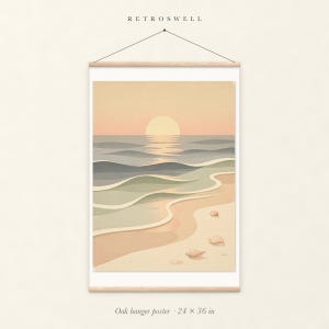 Pastel Sunset Shoreline Nursery oak hanger poster, 24 by 36 inches, with natural wood rails and a hanging cord.