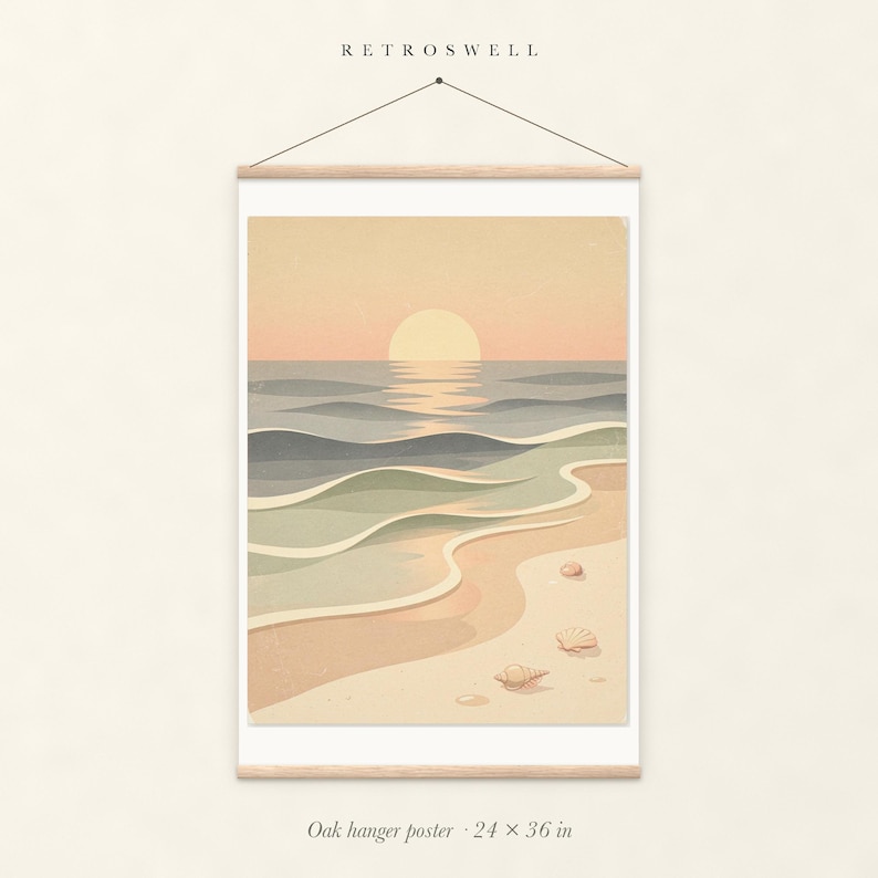 Pastel Sunset Shoreline Nursery oak hanger poster, 24 by 36 inches, with natural wood rails and a hanging cord.