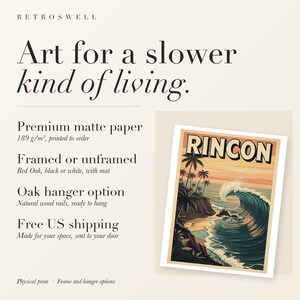 RetroSwell print details for Rincon Surf: premium 189 g/m² matte paper, framed or unframed, oak hanger option, free US shipping.