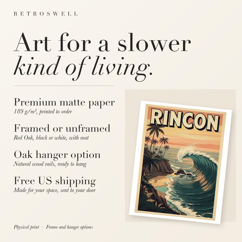 RetroSwell print details for Rincon Surf: premium 189 g/m² matte paper, framed or unframed, oak hanger option, free US shipping.