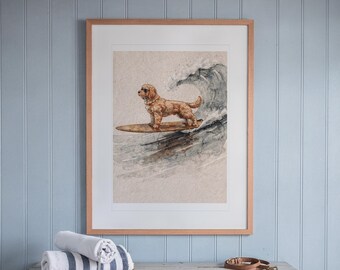 Lámina artística de Goldendoodle surfeando, póster de perro costero enmarcado o sin enmarcar