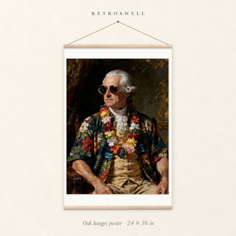 John Adams oak hanger poster, 24 by 36 inches, with natural wood rails and a hanging cord.