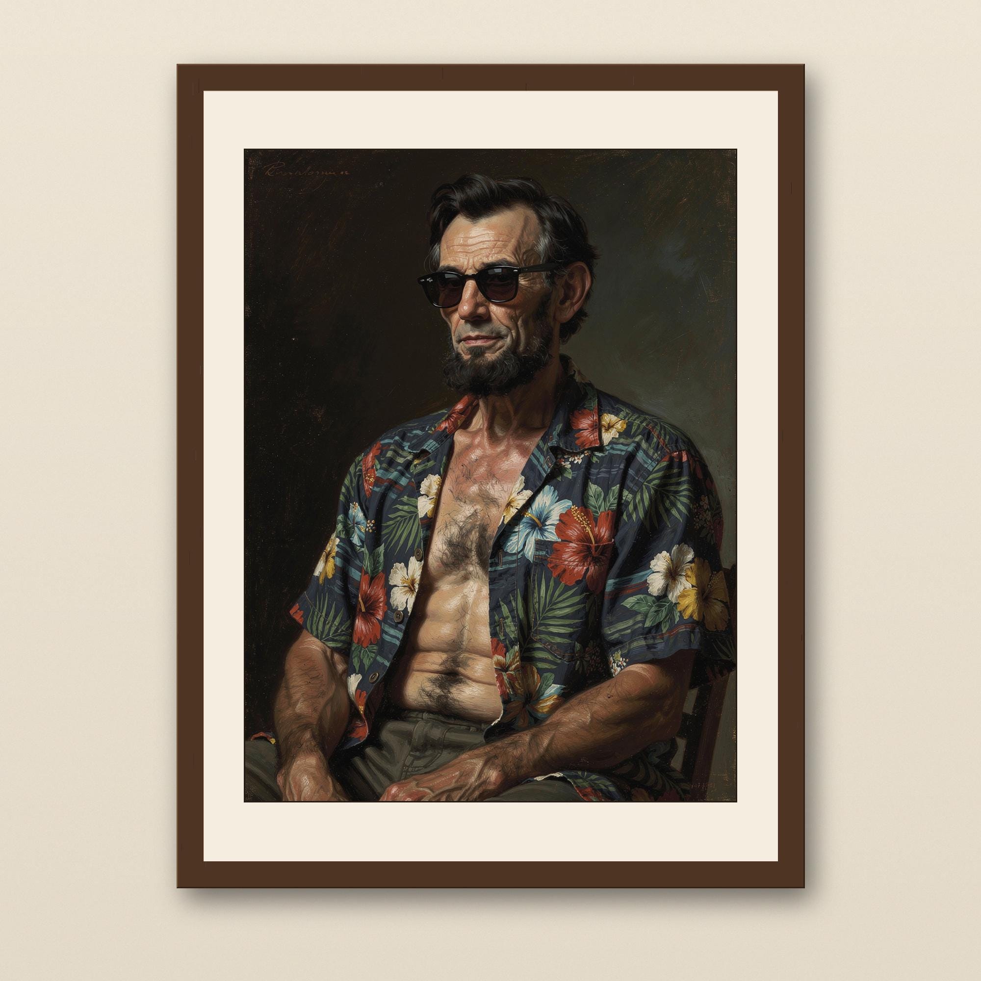 Abe Lincoln Print - walnut framed art print with cream mat on plaster wall