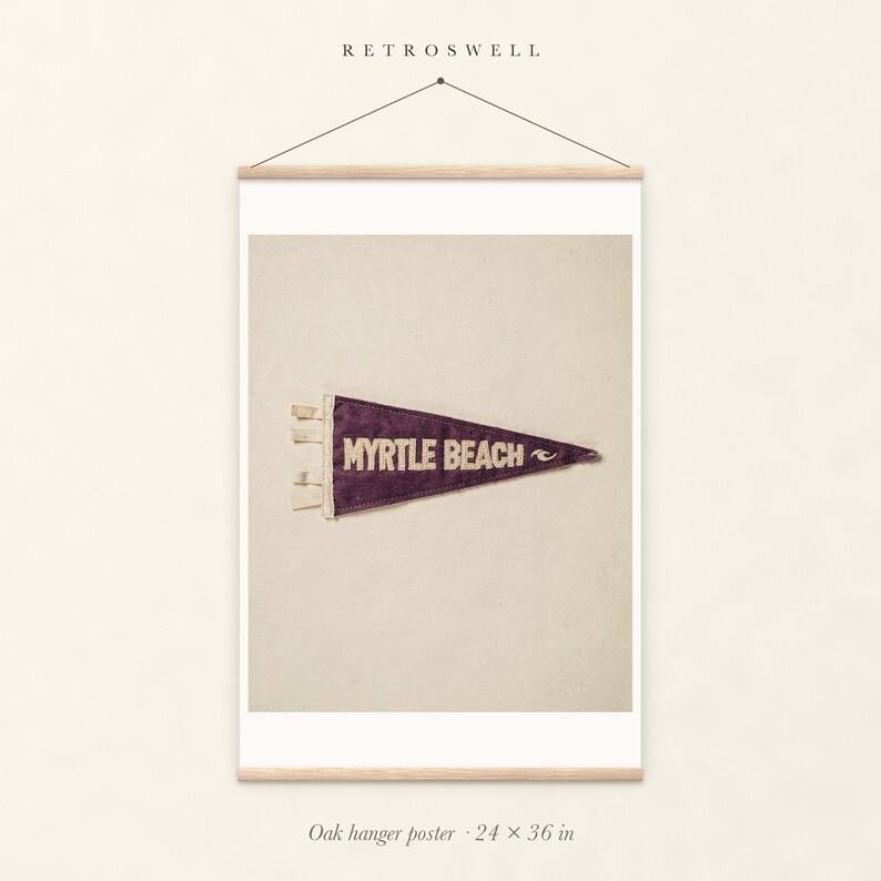 Myrtle Beach, South Carolina Surf Pennant oak hanger poster, 24 by 36 inches, with natural wood rails and a hanging cord.