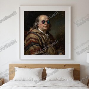 Benjamin Franklin Surfing Print framed in a modern bedroom setting