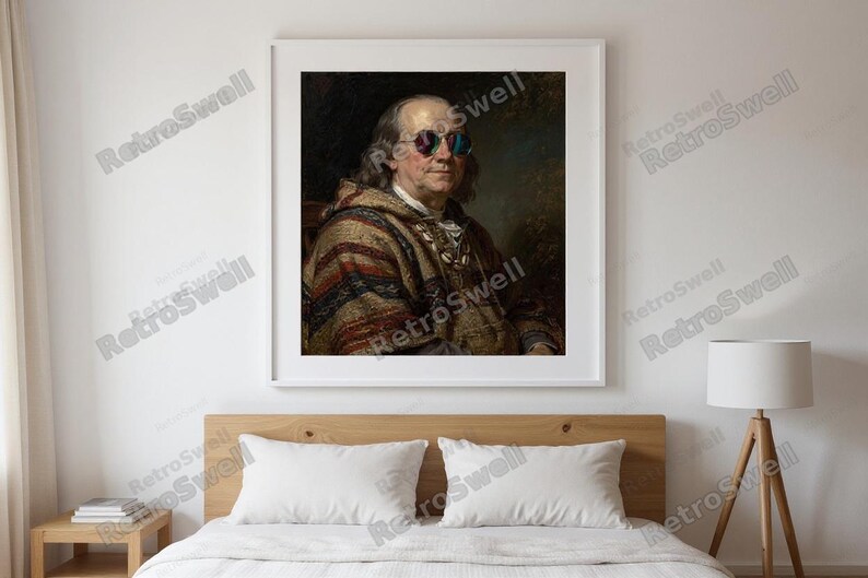 Benjamin Franklin Surfing Print framed in a modern bedroom setting