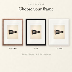 Frame options for North Shore, Oahu Surf Pennant: Red Oak, black and white wood frames, each with a white mat.