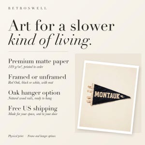RetroSwell print details for Montauk Surf Pennant: premium 189 g/m² matte paper, framed or unframed, oak hanger option, free US shipping.