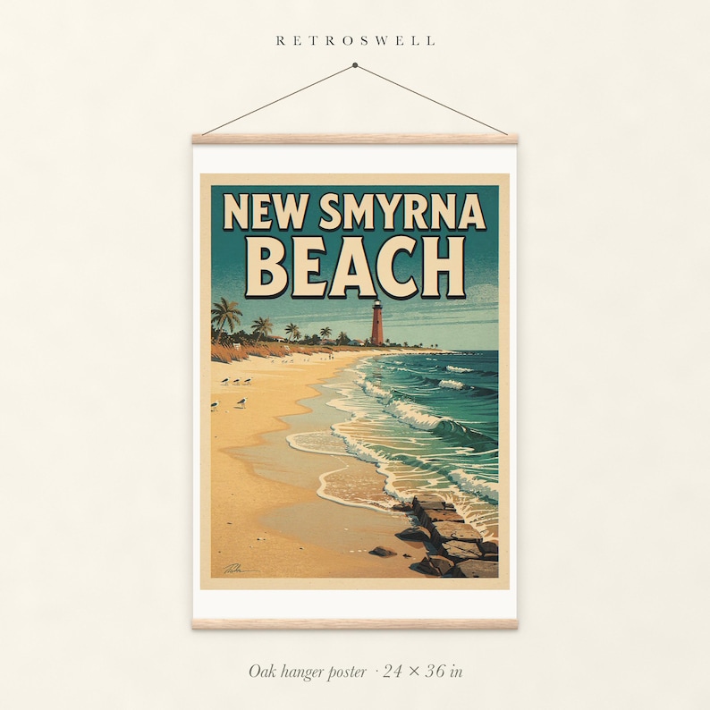 New Smyrna Beach Surf oak hanger poster, 24 by 36 inches, with natural wood rails and a hanging cord.