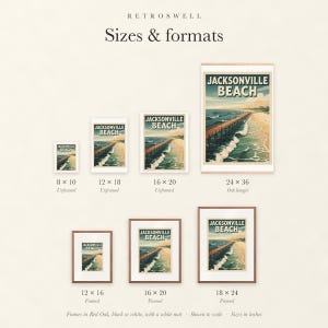 Sizes and formats for Jacksonville Beach Surf, shown to scale: unframed prints, oak hanger and framed prints.
