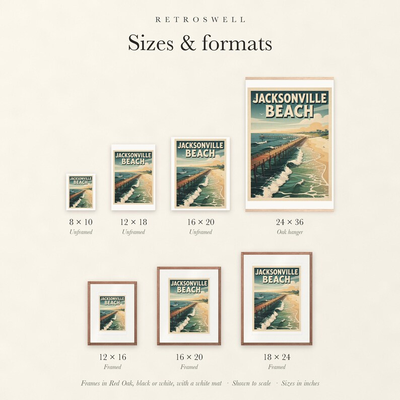 Sizes and formats for Jacksonville Beach Surf, shown to scale: unframed prints, oak hanger and framed prints.