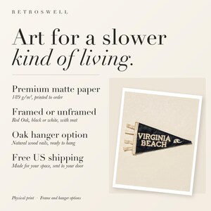 RetroSwell print details for Virginia Beach Surf Pennant: premium 189 g/m² matte paper, framed or unframed, oak hanger option, free US shipping.