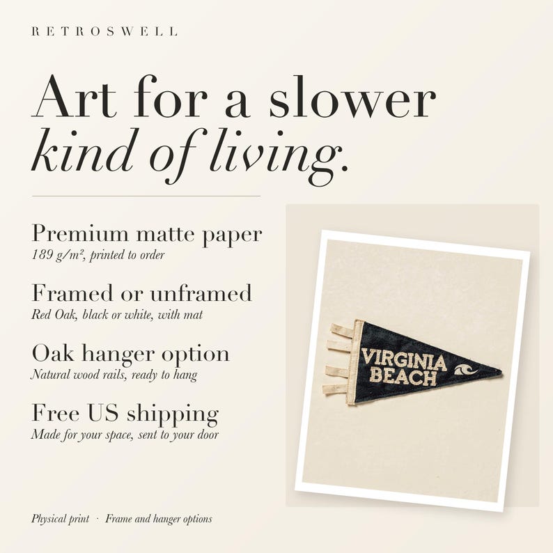 RetroSwell print details for Virginia Beach Surf Pennant: premium 189 g/m² matte paper, framed or unframed, oak hanger option, free US shipping.