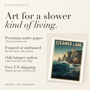 RetroSwell print details for Steamer Lane Surf: premium 189 g/m² matte paper, framed or unframed, oak hanger option, free US shipping.