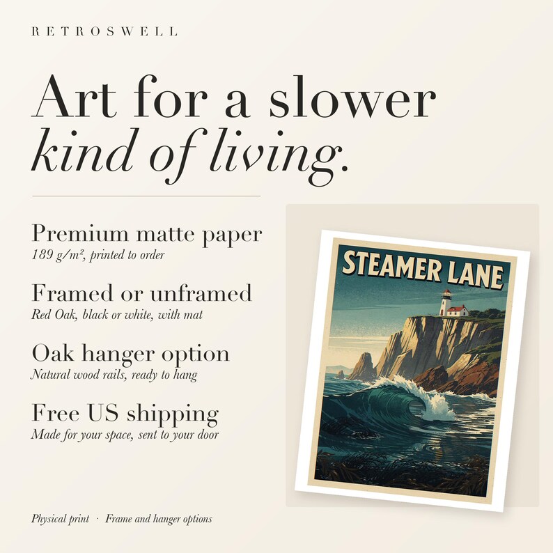 RetroSwell print details for Steamer Lane Surf: premium 189 g/m² matte paper, framed or unframed, oak hanger option, free US shipping.