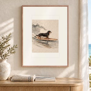 Bernese Mountain Dog Surfing Art Print, Framed or Unframed Coastal Dog Poster image 12