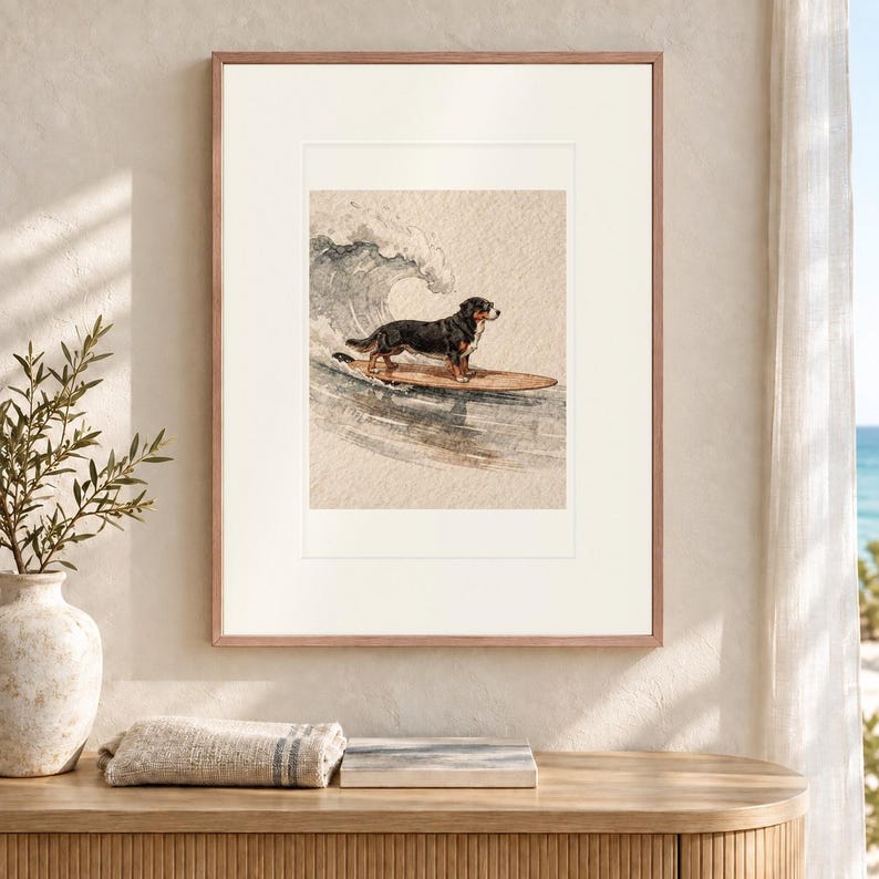 Bernese Mountain Dog Surfing Art Print, Framed or Unframed Coastal Dog Poster image 12