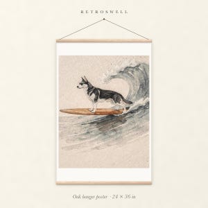 Husky Surfing oak hanger poster, 24 by 36 inches, with natural wood rails and a hanging cord.