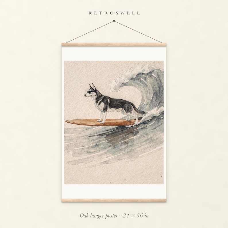 Husky Surfing oak hanger poster, 24 by 36 inches, with natural wood rails and a hanging cord.
