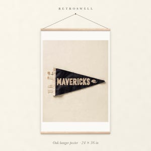 Mavericks Surf Pennant oak hanger poster, 24 by 36 inches, with natural wood rails and a hanging cord.