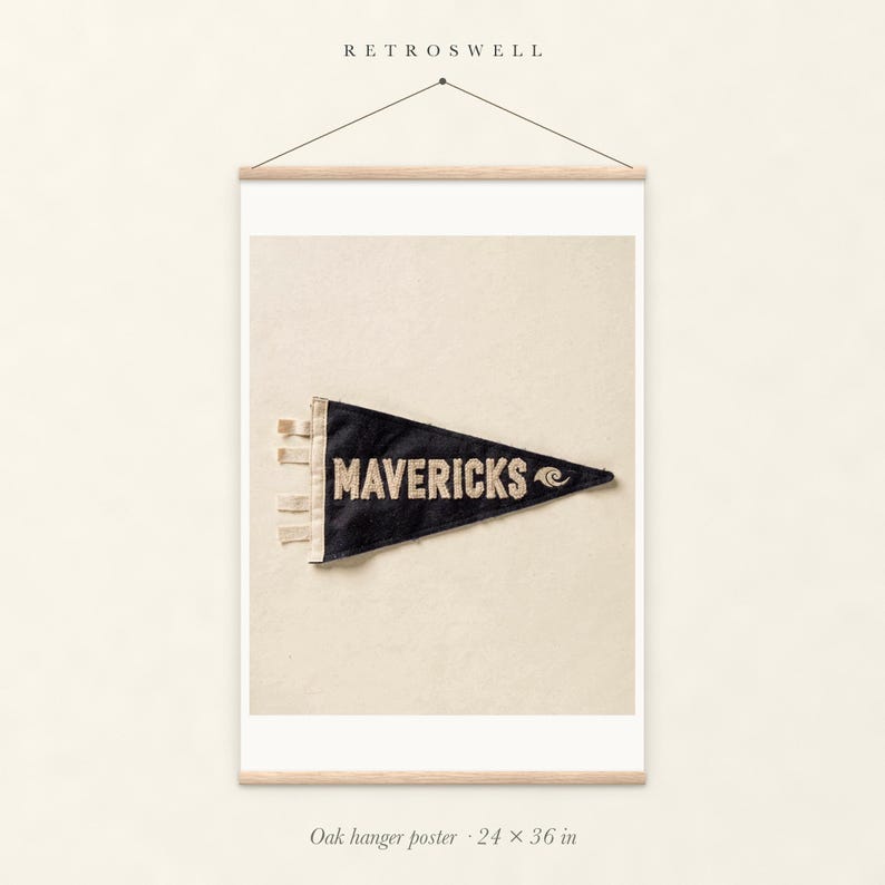 Mavericks Surf Pennant oak hanger poster, 24 by 36 inches, with natural wood rails and a hanging cord.