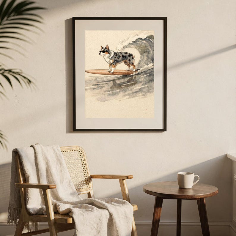 Australian Shepherd Surfing Print | Watercolor Dog Wall Art | Coastal Beach Decor | Printable Instant Download | Aussie Gift image 6