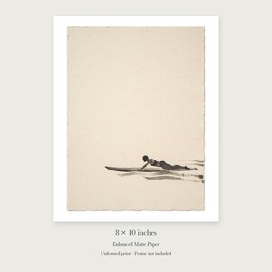 Paddling Surfer Ink Style unframed 8 by 10 inch print on enhanced matte paper, shown with its white paper border.