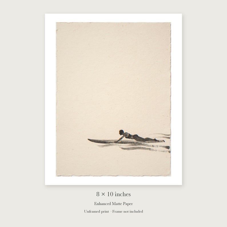 Paddling Surfer Ink Style unframed 8 by 10 inch print on enhanced matte paper, shown with its white paper border.