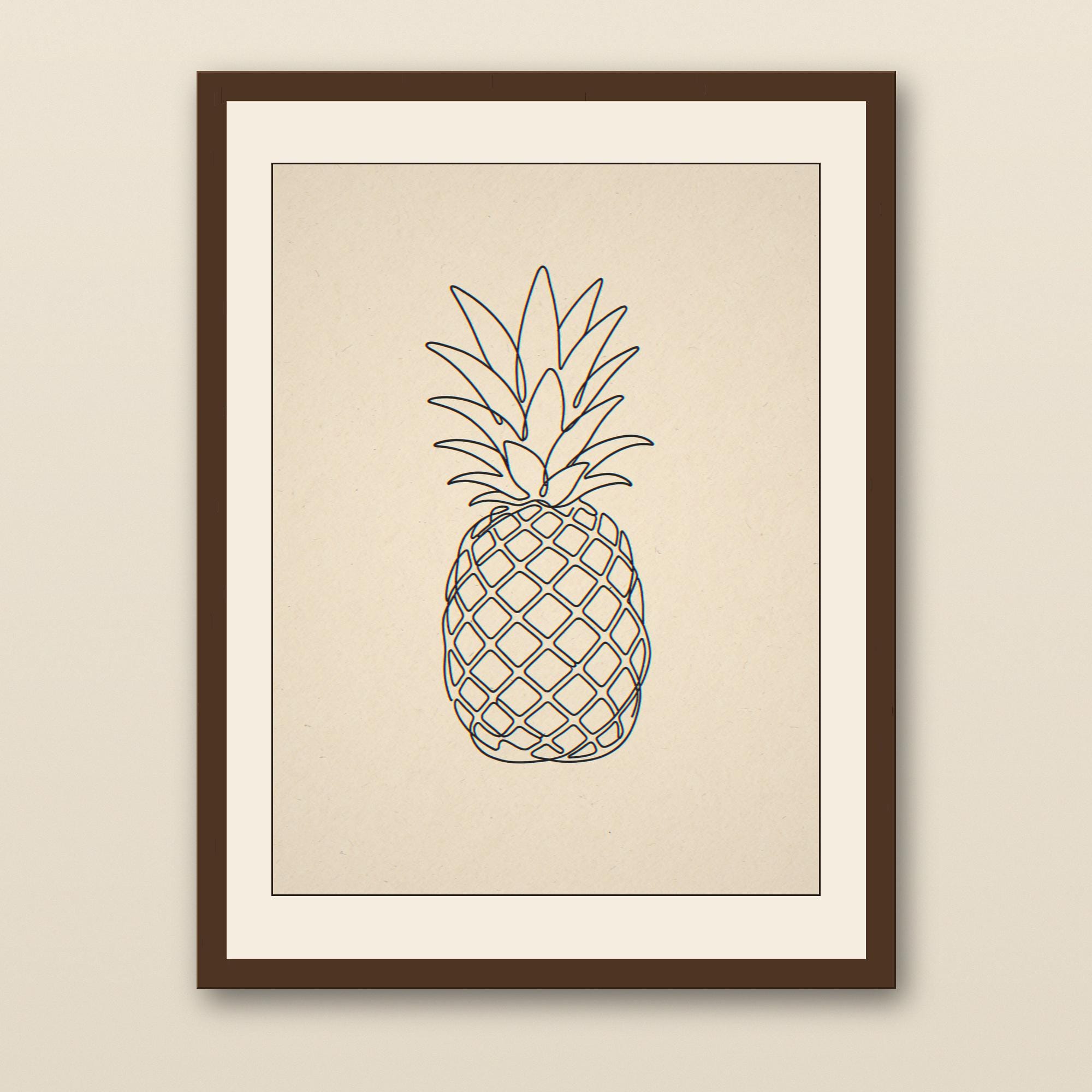 Boho Pineapple Line Art - walnut framed art print with cream mat on plaster wall