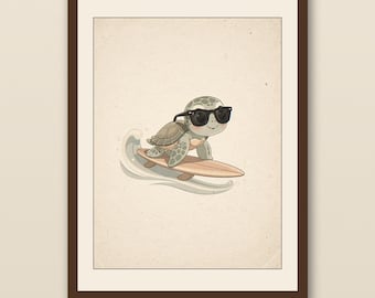 Sea Turtle Surfing Print | Ocean Nursery Wall Art | Baby Beach Room Decor | Cute Surf Animal Digital Download | Kids Coastal Art